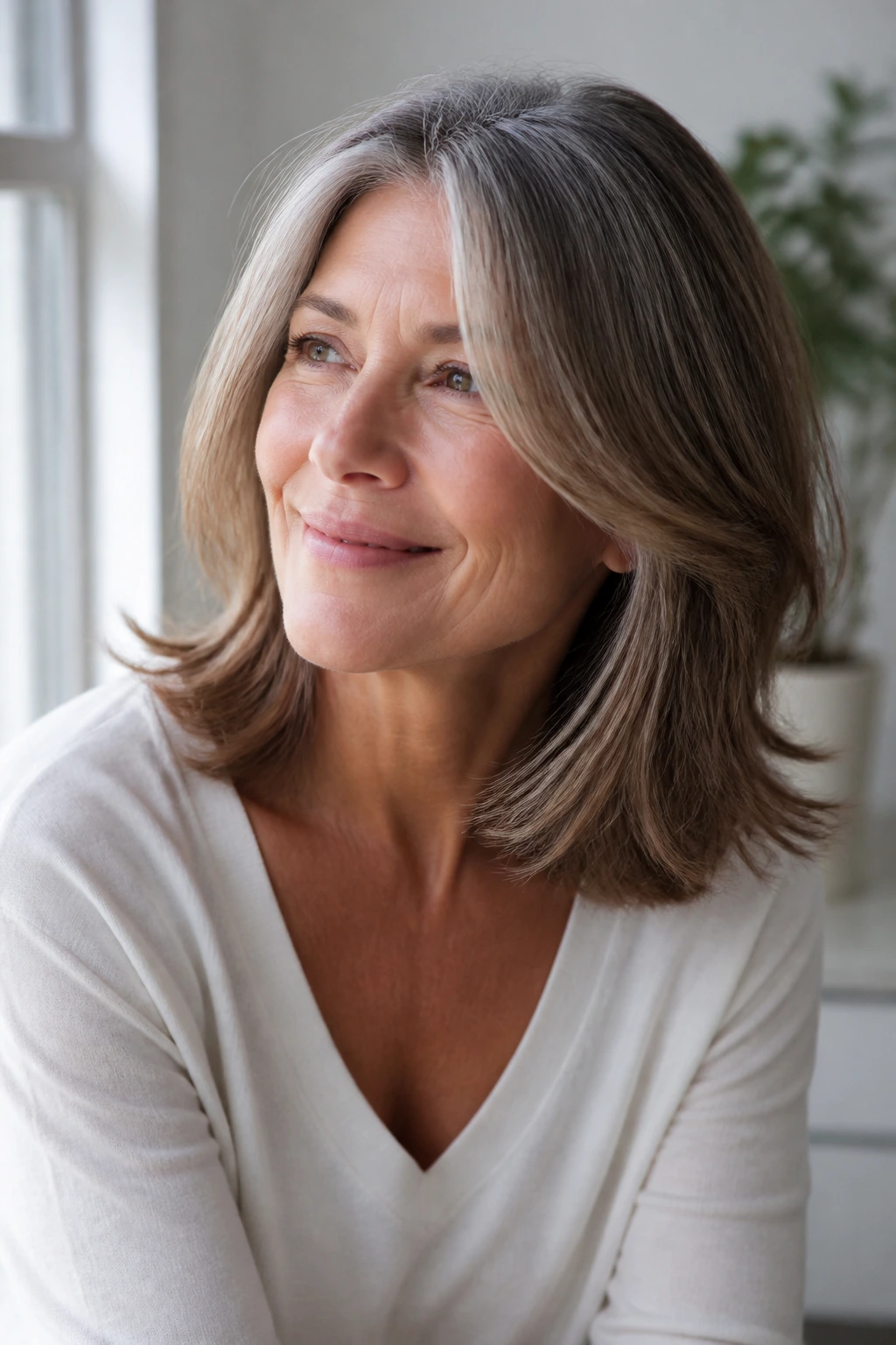 Portrait of a woman with shoulder-length hair and face-framing pieces