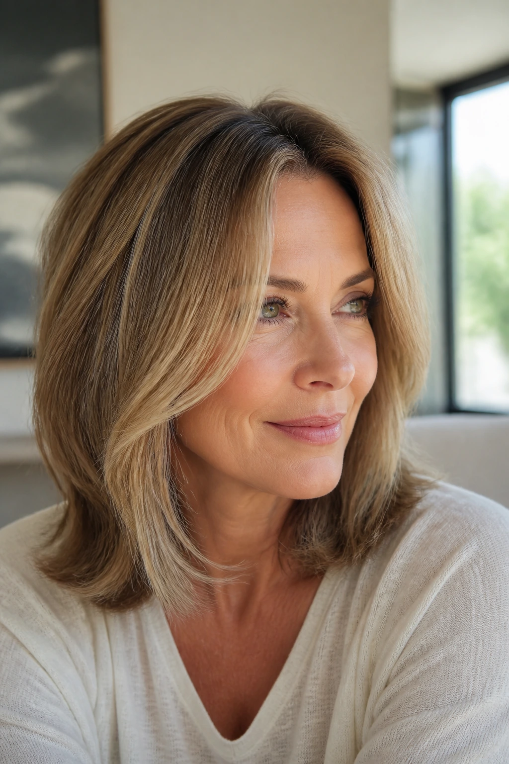Close-up of a real woman with shoulder-length hair and face-framing pieces in natural light