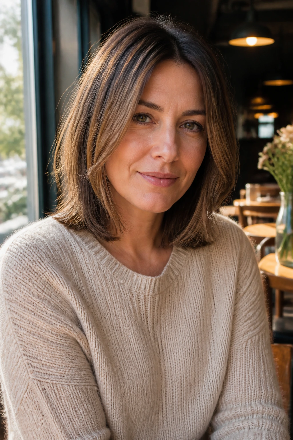Portrait of a woman with shoulder-length cut and face-framing pieces by window light