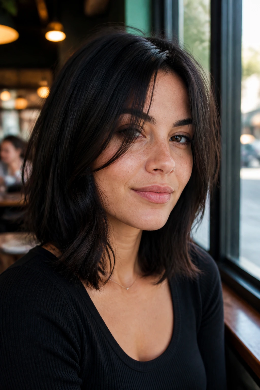 Close-up of real woman with shoulder-length cut and face-framing slices