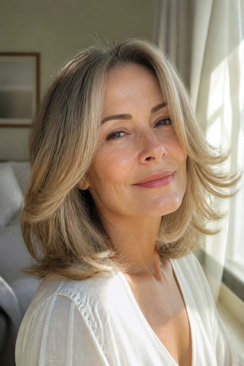 Shoulder-Length Feathered Flip hairstyle on a real woman in sunlit room