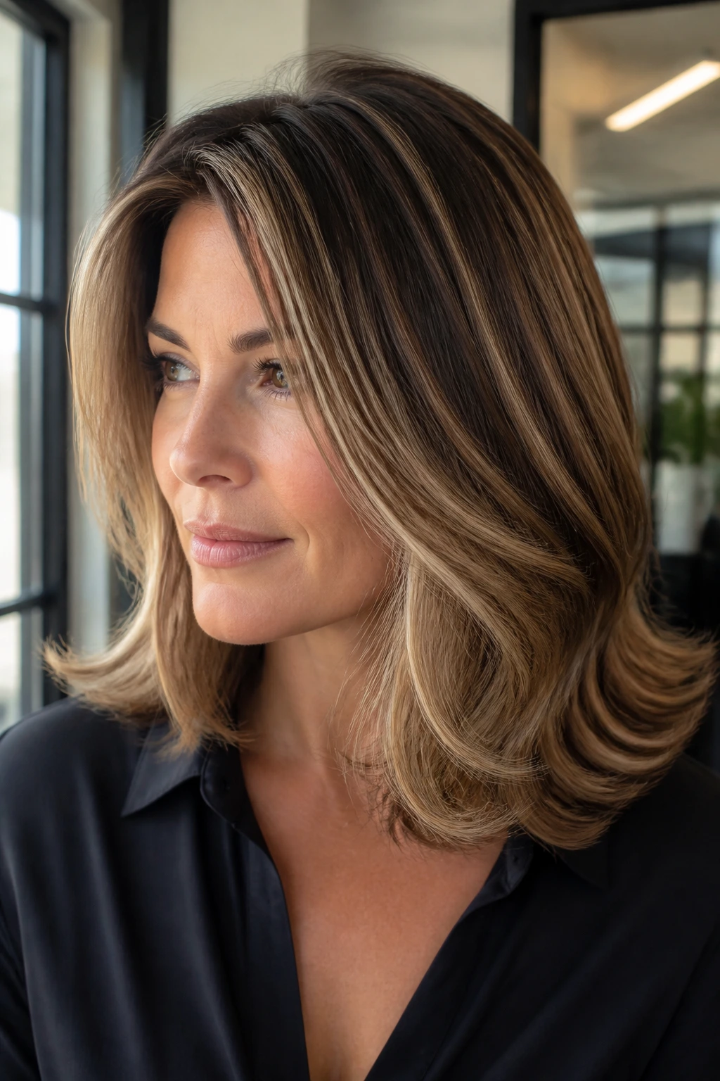 Brunette with shoulder-length flipped hair showing blonde lowlights in natural window light