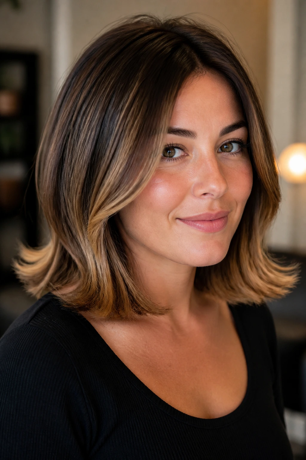 Close-up portrait of a real woman with a shoulder-length flip cut