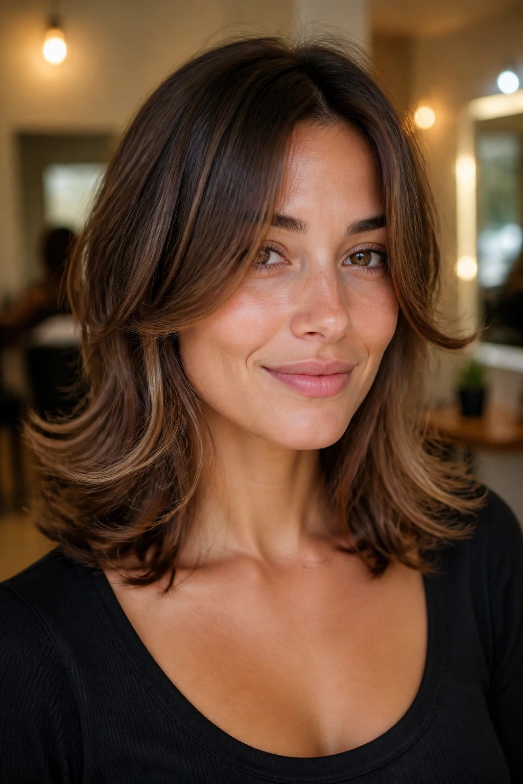 Close-up portrait of a real woman with shoulder-length wavy hair and flipped ends in a warm salon.
