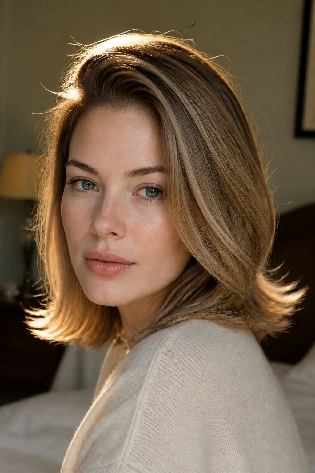Close-up portrait of a real woman with a shoulder-length flip and deep side part in a sunlit bedroom