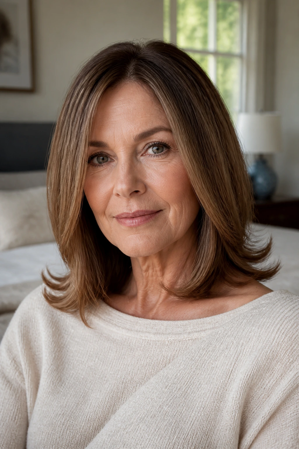 Close-up portrait of a real woman showing shoulder-length hair with outward flipped ends