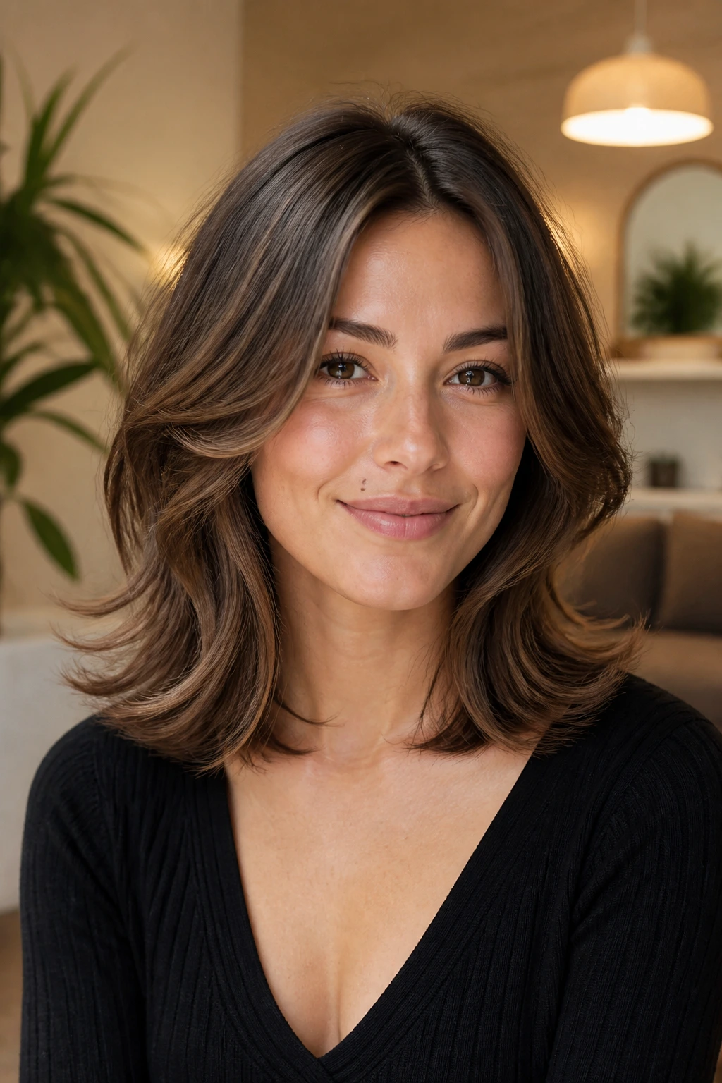 Close-up of a real woman with shoulder-length flip layers in a warm salon