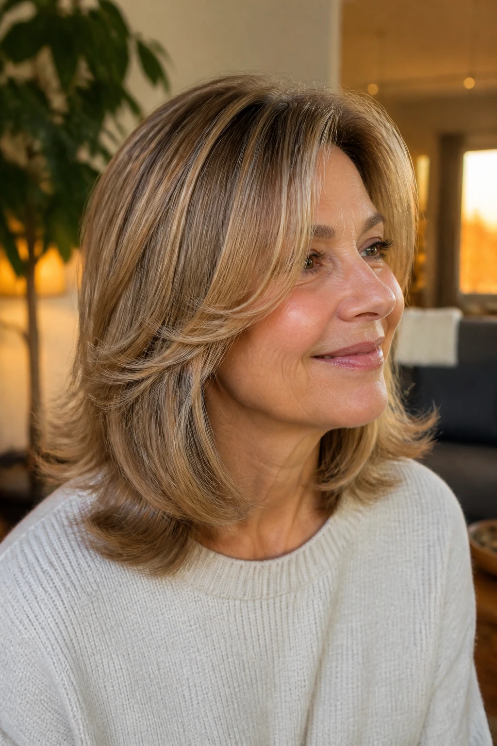 Close-up of a woman with shoulder-length hair that flips at the ends