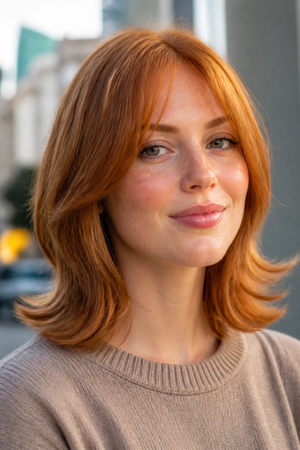 Close-up portrait of a real woman with shoulder-length strawberry blonde hair and flip-out layers.