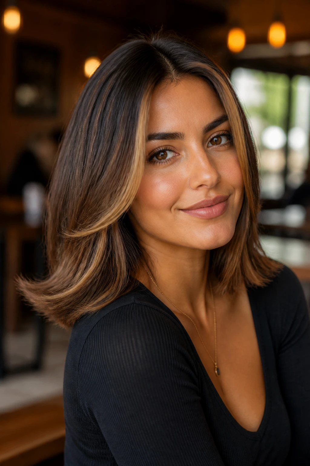 Portrait of a woman with shoulder-length flip and sandy face-framing lights on olive skin