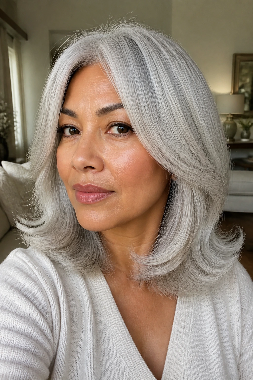 Portrait of a woman with textured shoulder-length flip in silver.