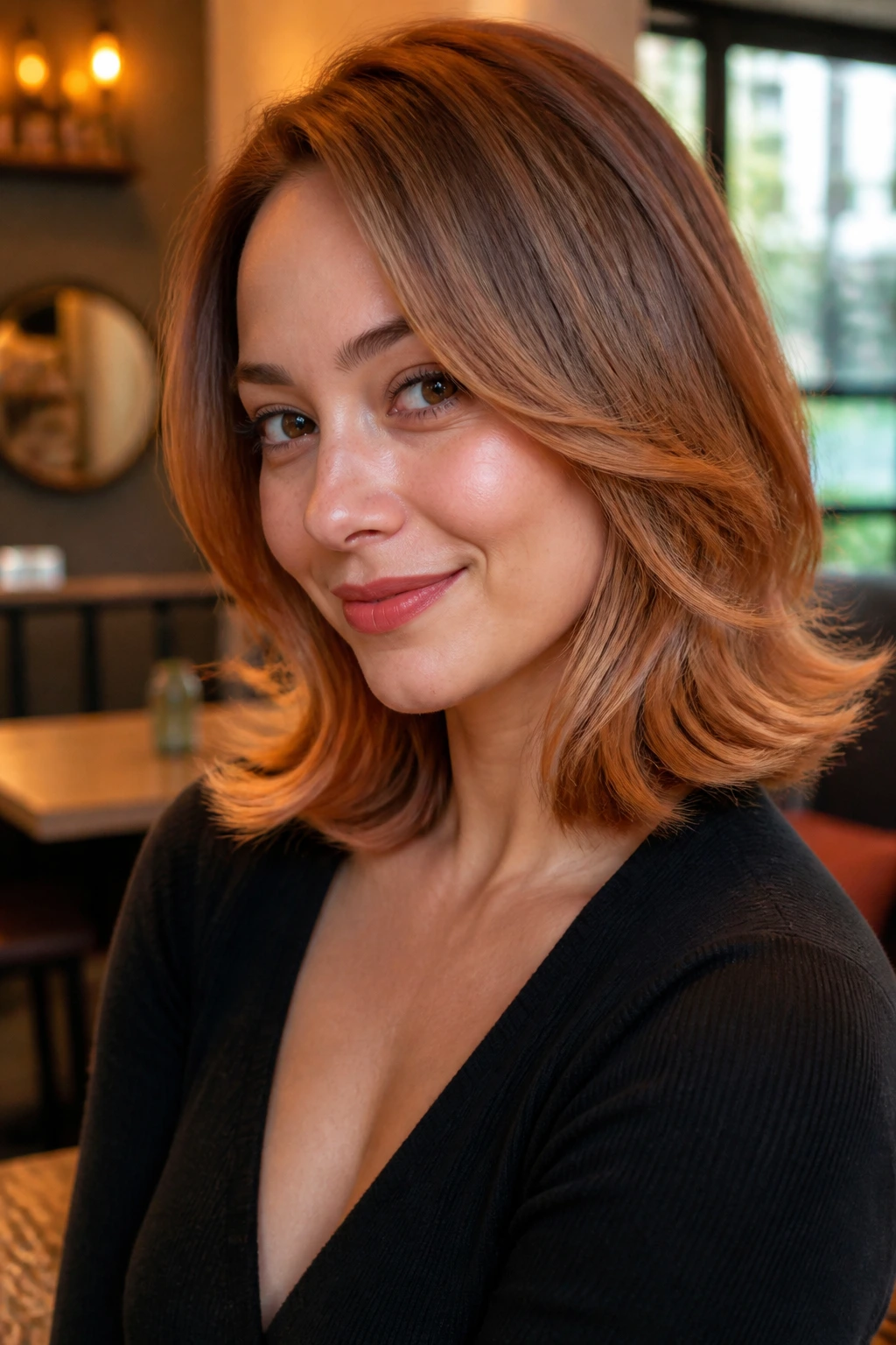 Close-up of a real woman with a shoulder-length flip and strawberry blonde flicks