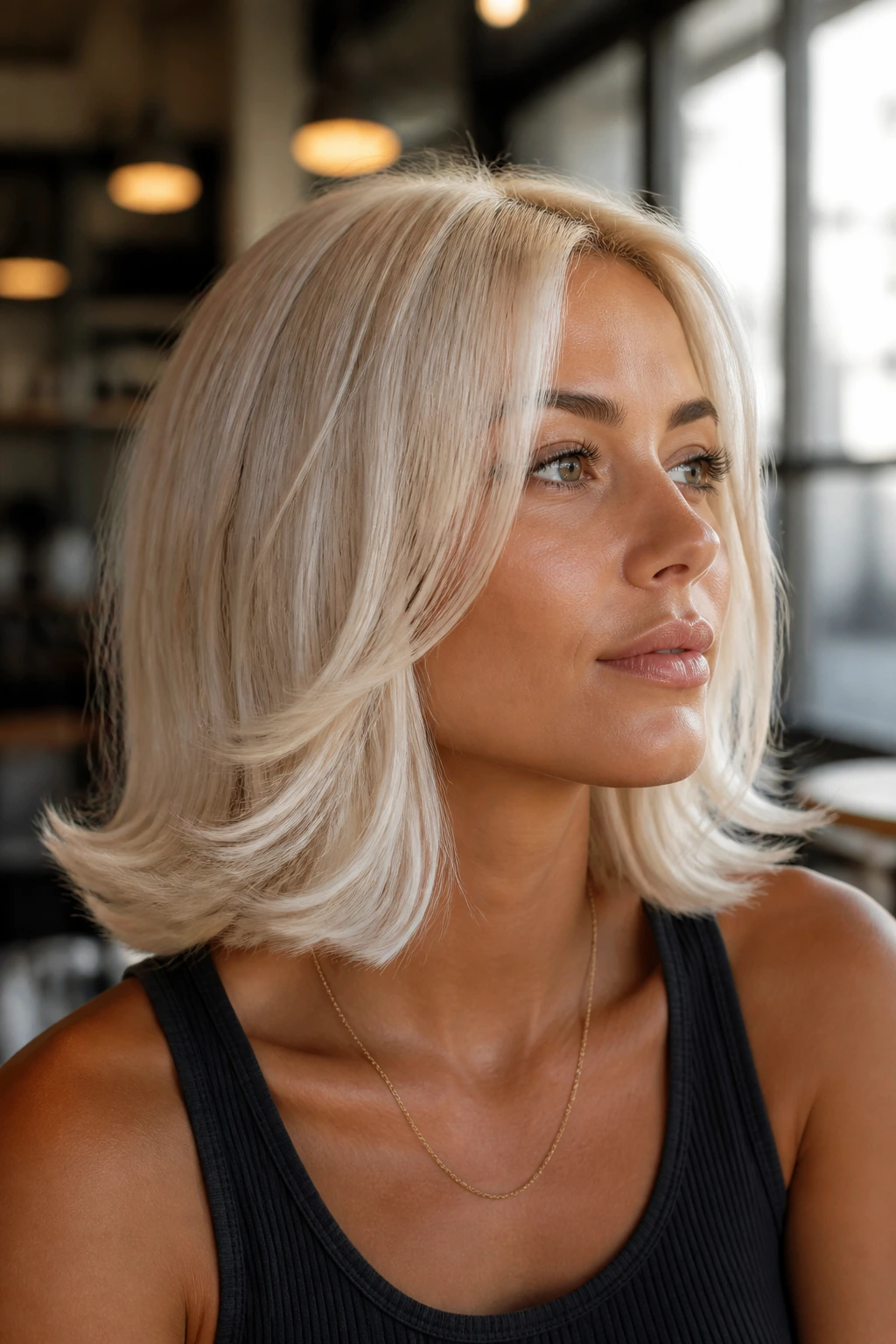 Close-up portrait of a real person with flipped-out shoulder-length platinum hair