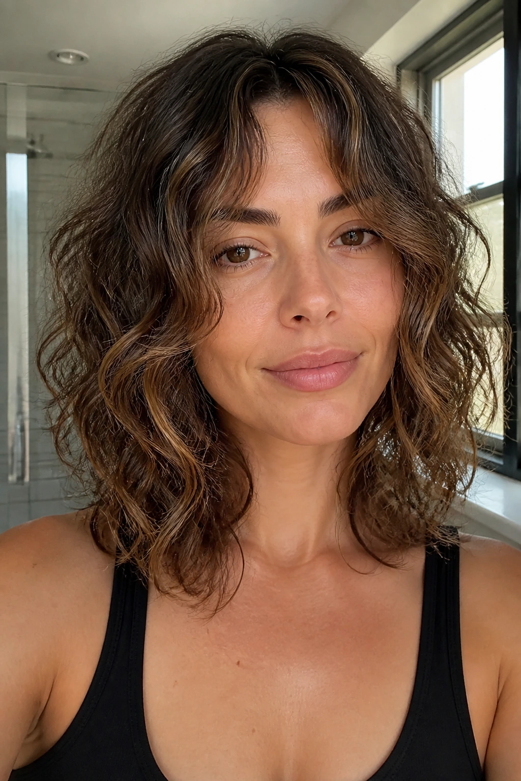 Shoulder-length frame layers drying naturally on a real person.