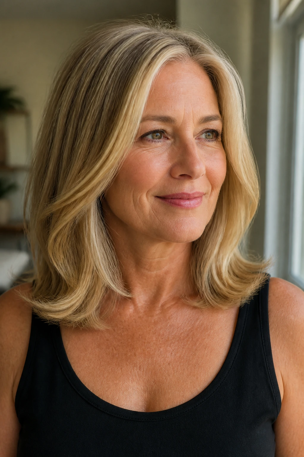 Shoulder-grazing blowout with creamy blonde ends on a real woman