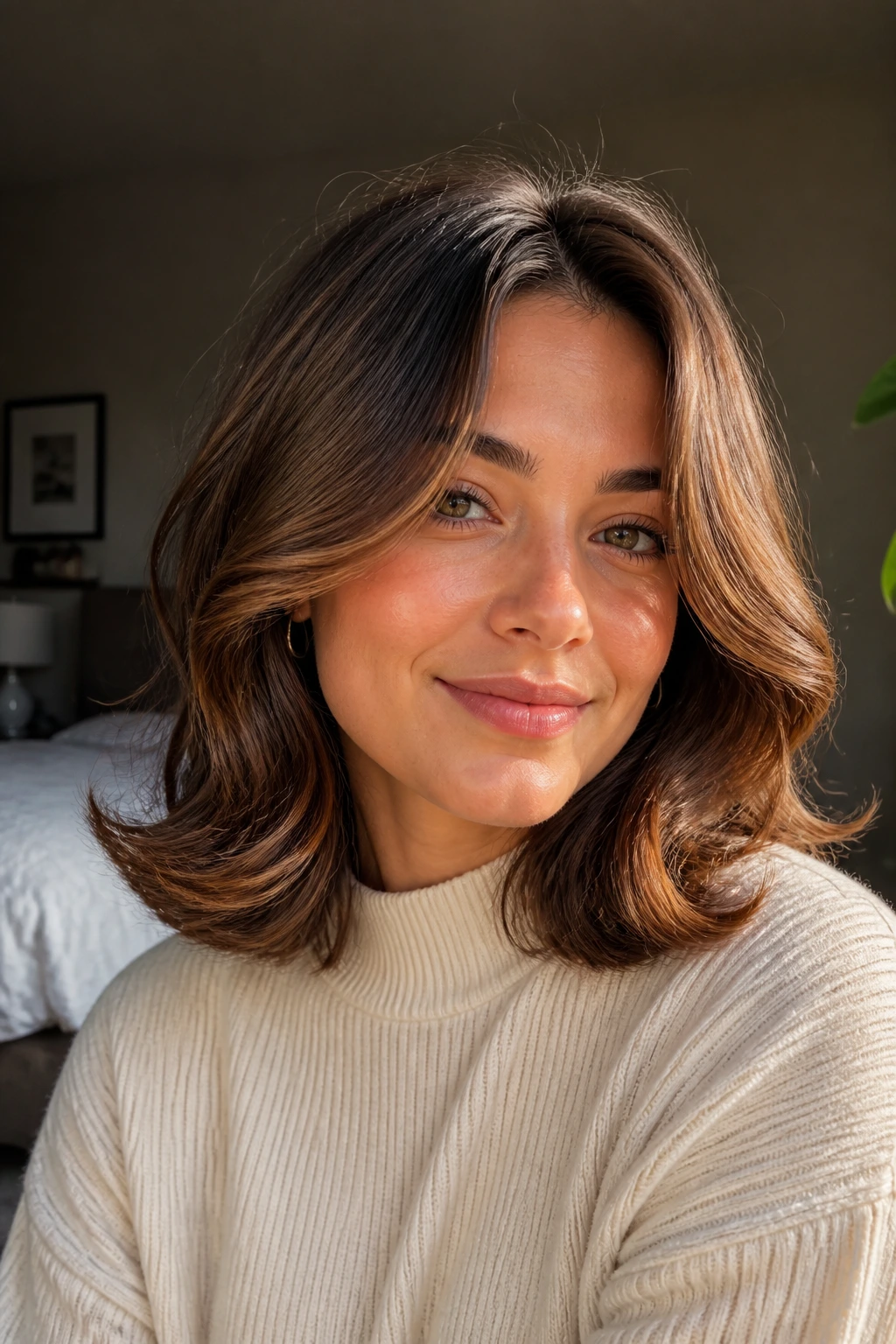 Close-up portrait of a real woman with shoulder-length wavy hair flipped at the ends and bronze lowlights under warm light