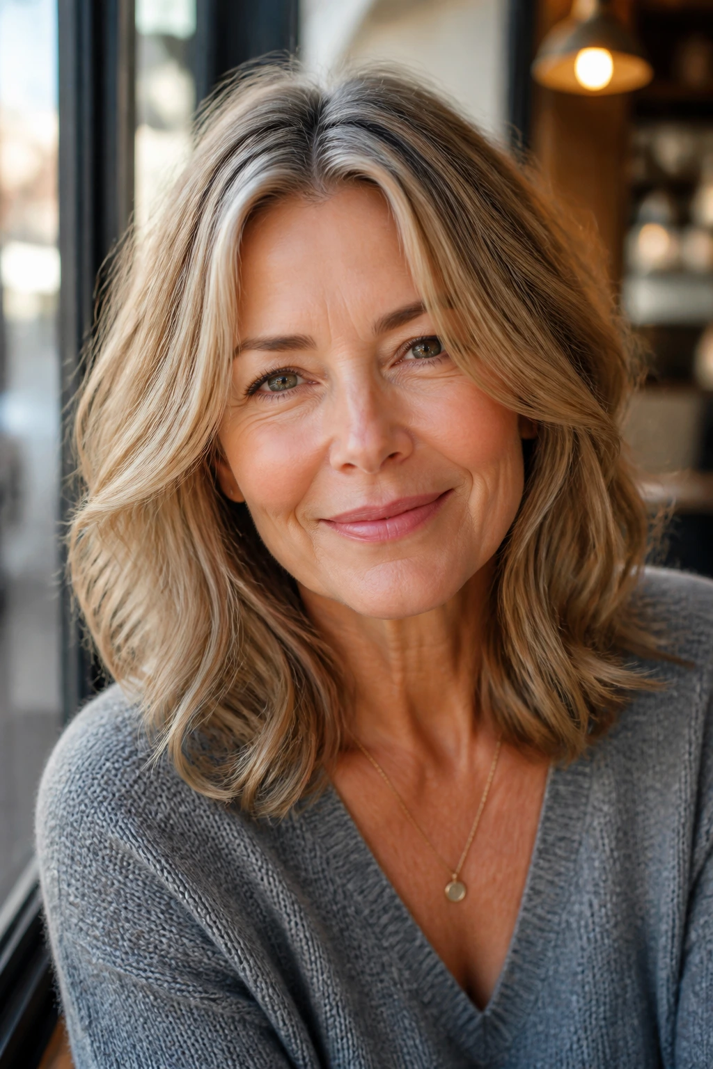 Portrait of a woman with shoulder-length hair and a soft center part