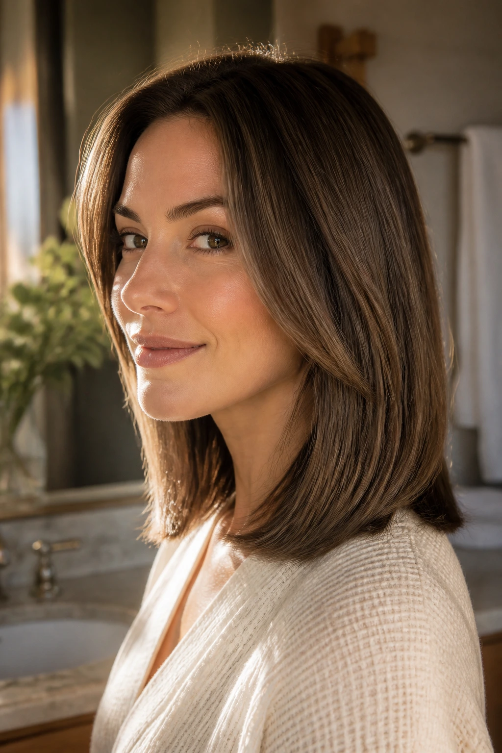 Close-up portrait of a real woman with crisp perimeter and crown lift in warm bathroom lighting