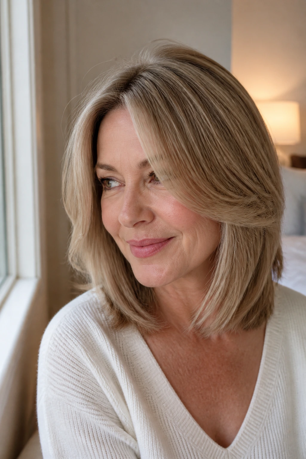 Close-up portrait of a real woman with shoulder-length fine hair styled in a blunt collarbone cut with soft layers.