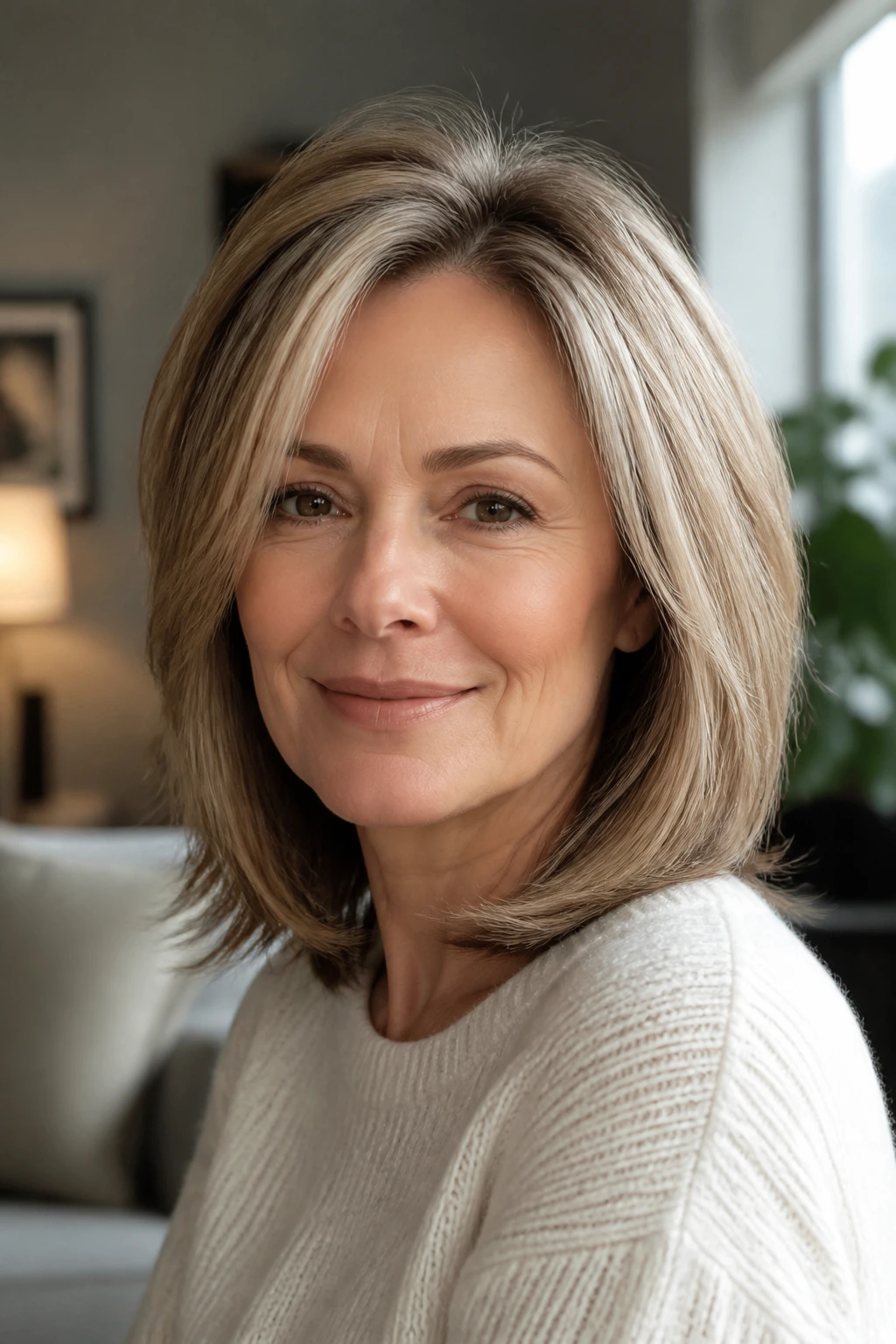 Portrait of a real woman with shoulder-length fine hair showing density and lift.