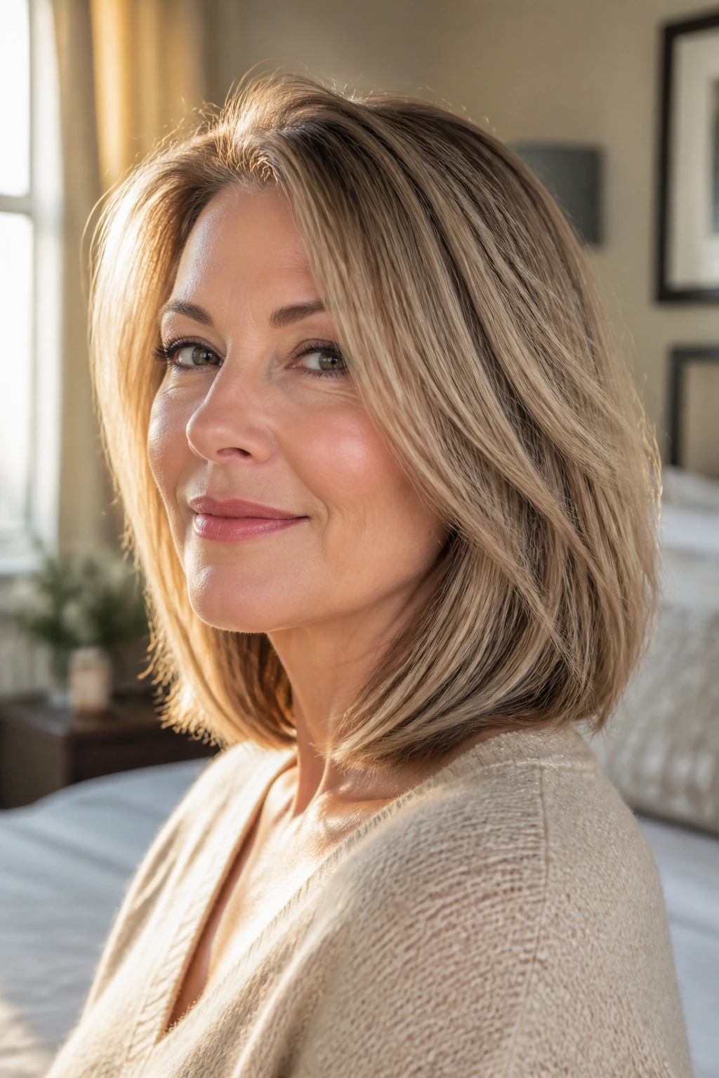 Close-up of a real woman with fuller-looking shoulder-length fine hair in warm bedroom light
