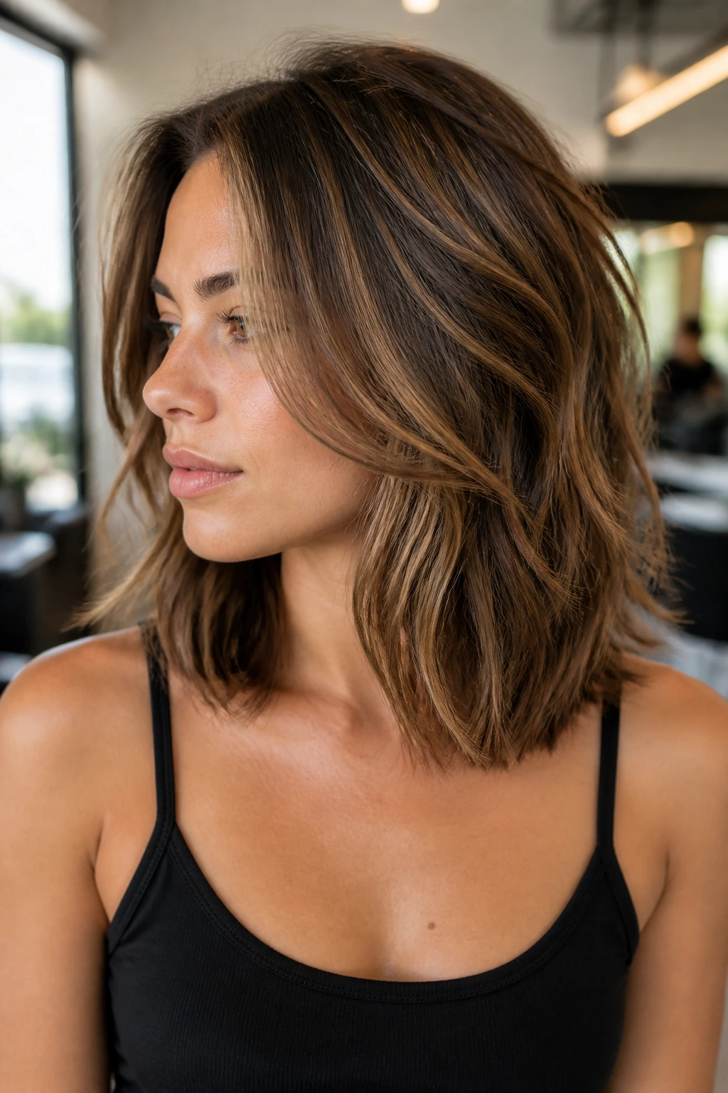 Close-up of a real woman with shoulder-length thick hair and caramel highlights
