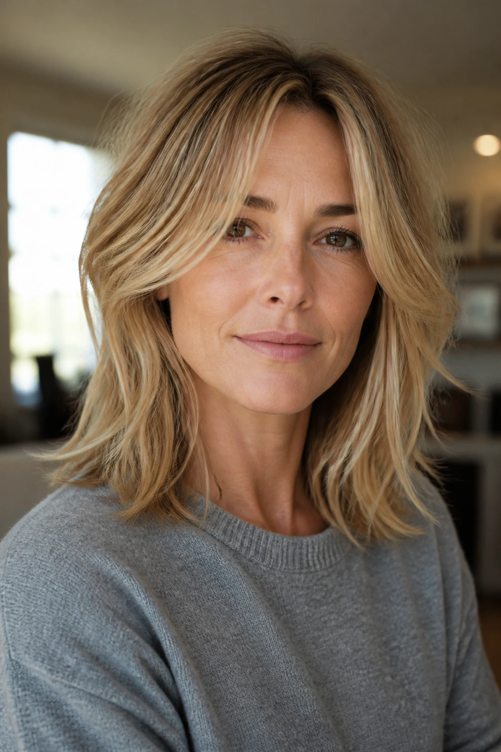 Close-up portrait showing soft layers on shoulder-length hair