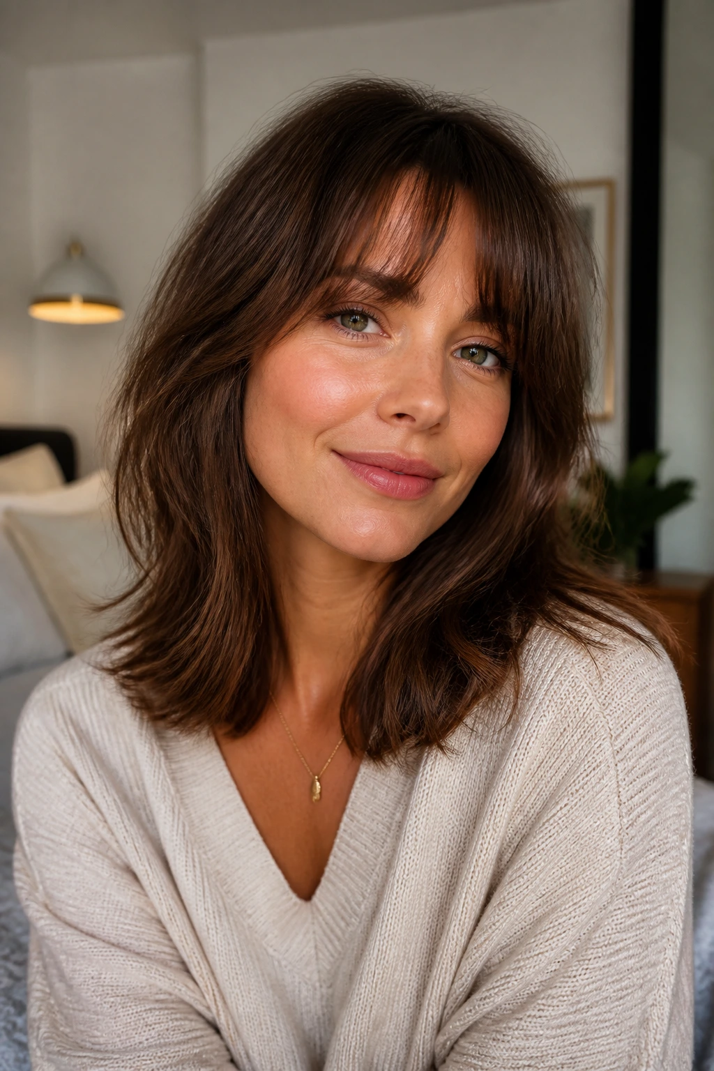 Close-up portrait of shoulder-length hair with soft layers and bangs on a real person in natural window light