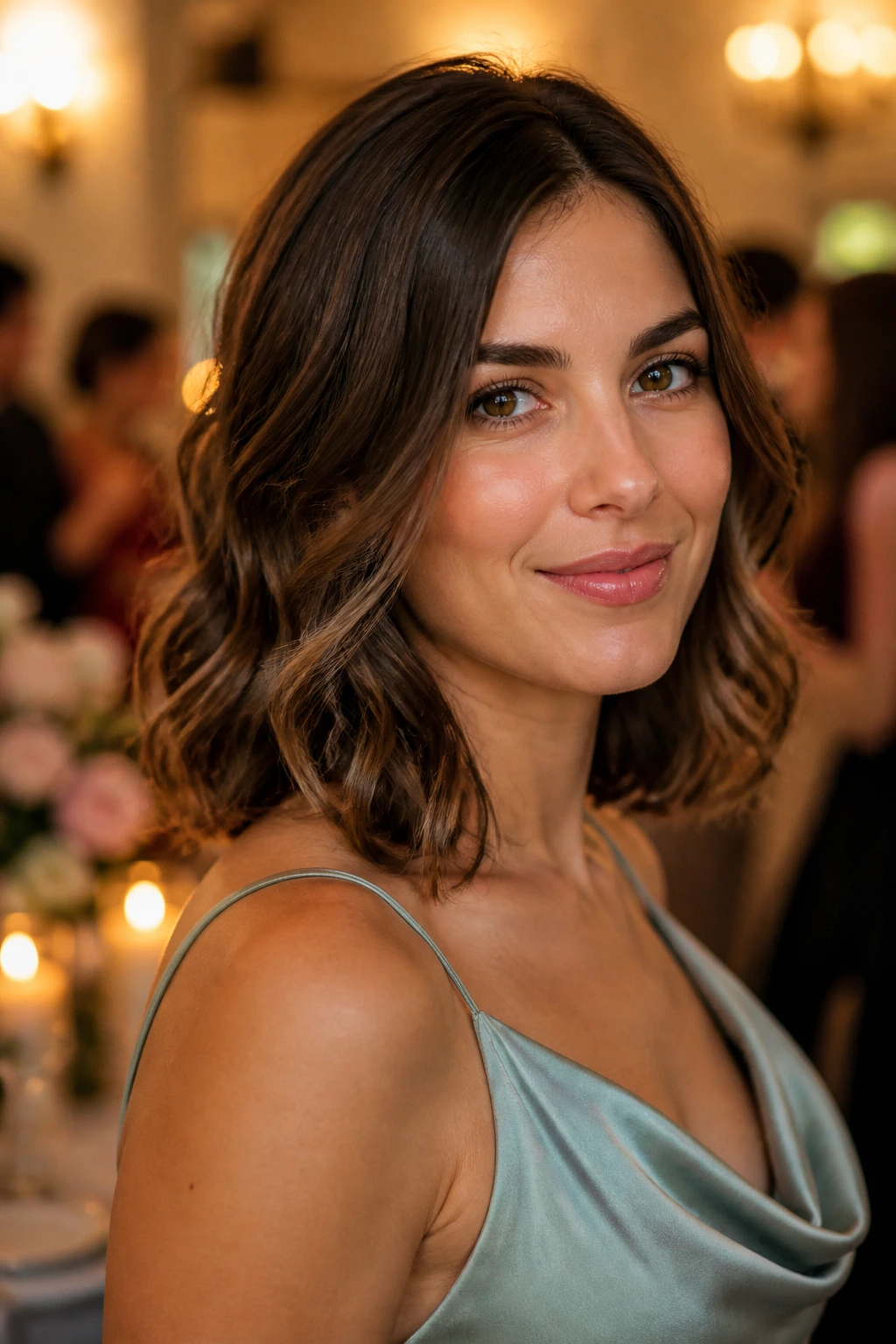 Shoulder-length hair styled to show versatile wedding guest options