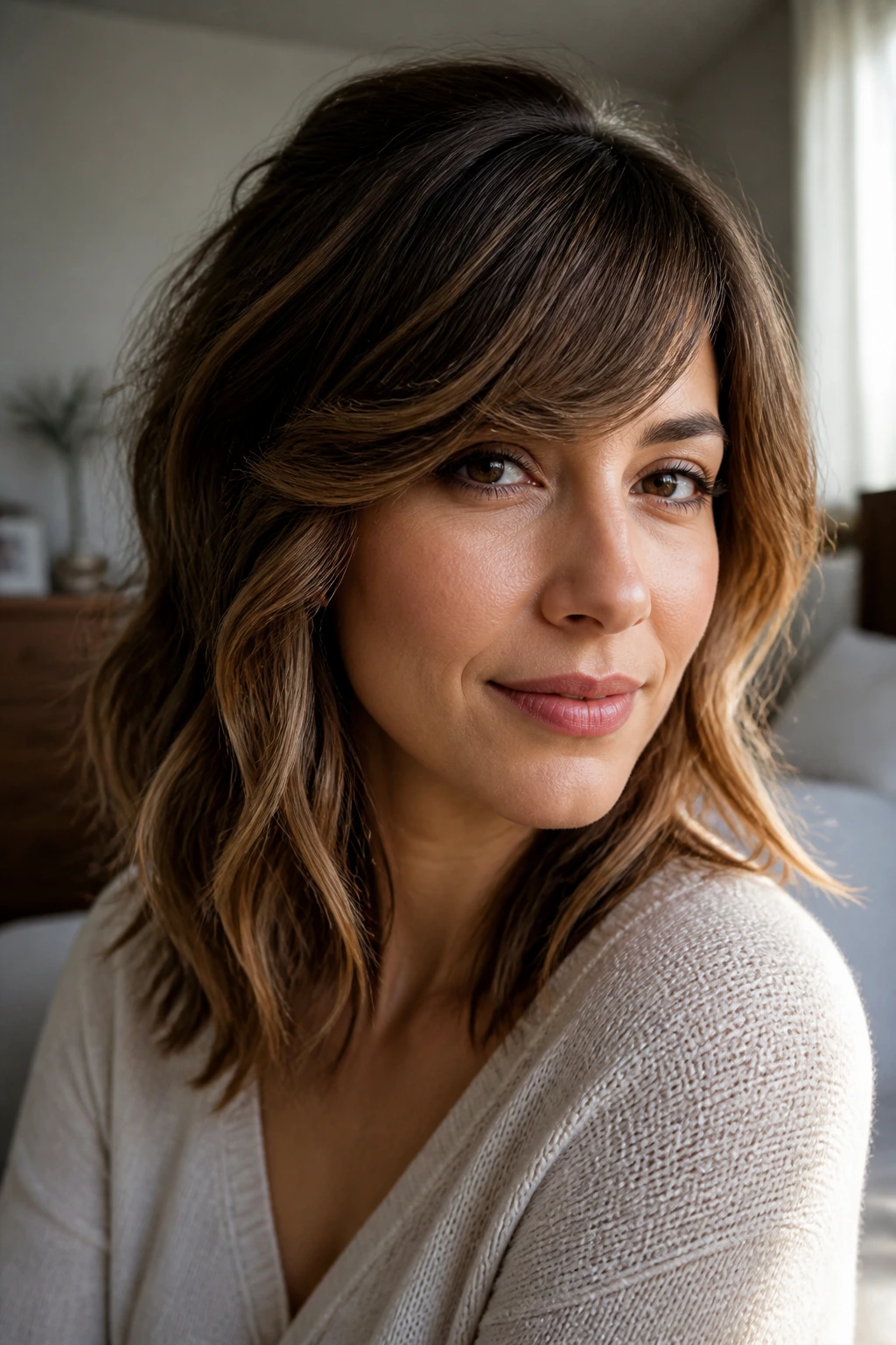 Close-up portrait of a woman with shoulder-length hair and side-swept bangs in a cozy bedroom.