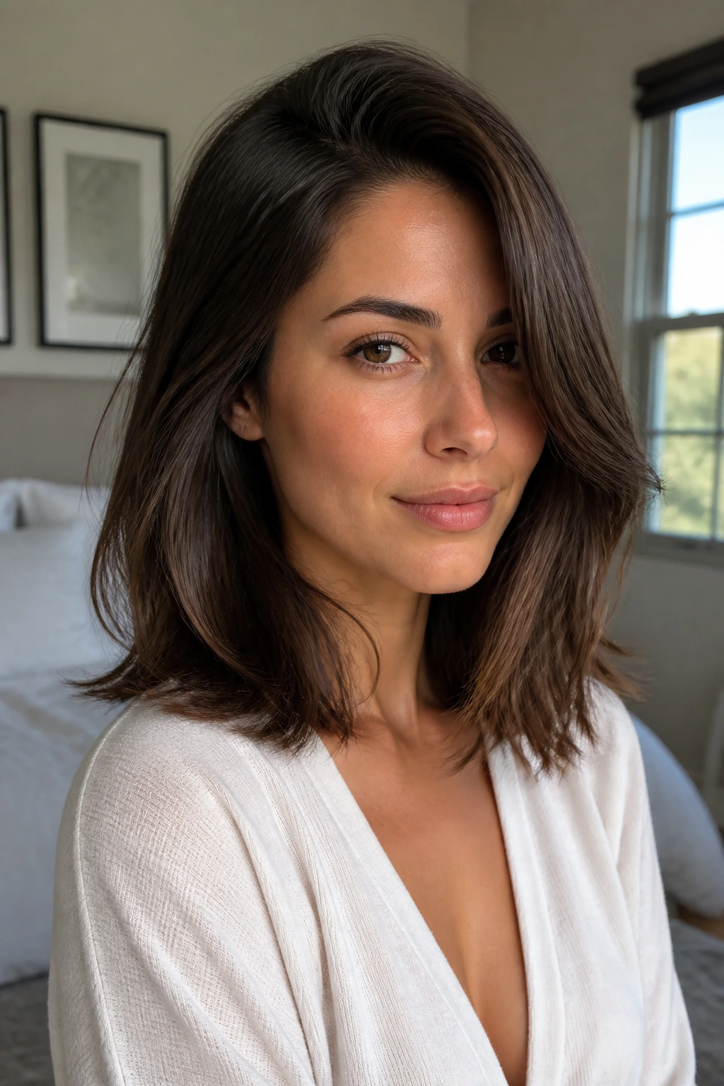 Close-up of a real woman with shoulder-length hair and a side-swept part showing hidden weight removal