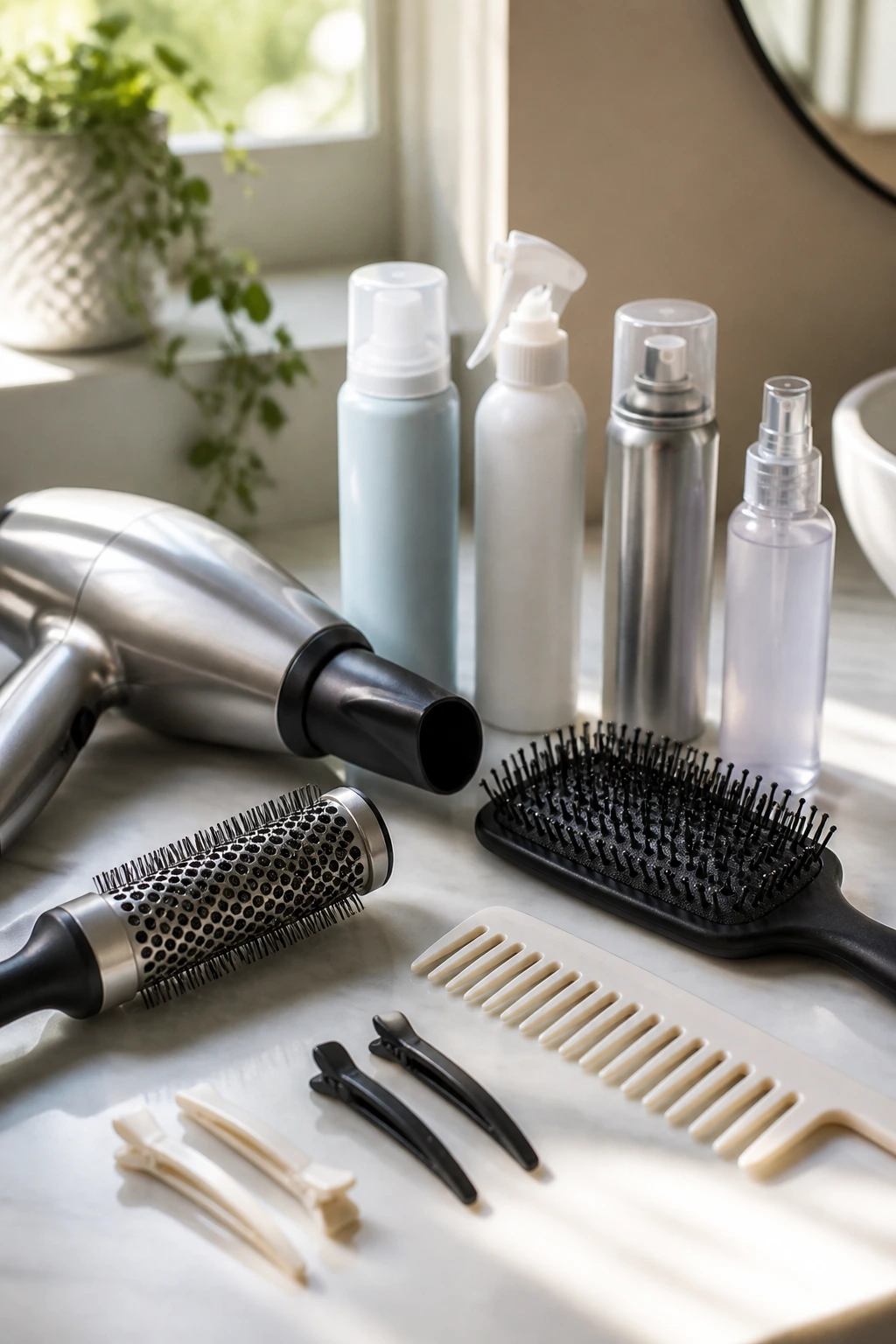 Close-up of styling tools for fine shoulder-length hair on a bathroom counter