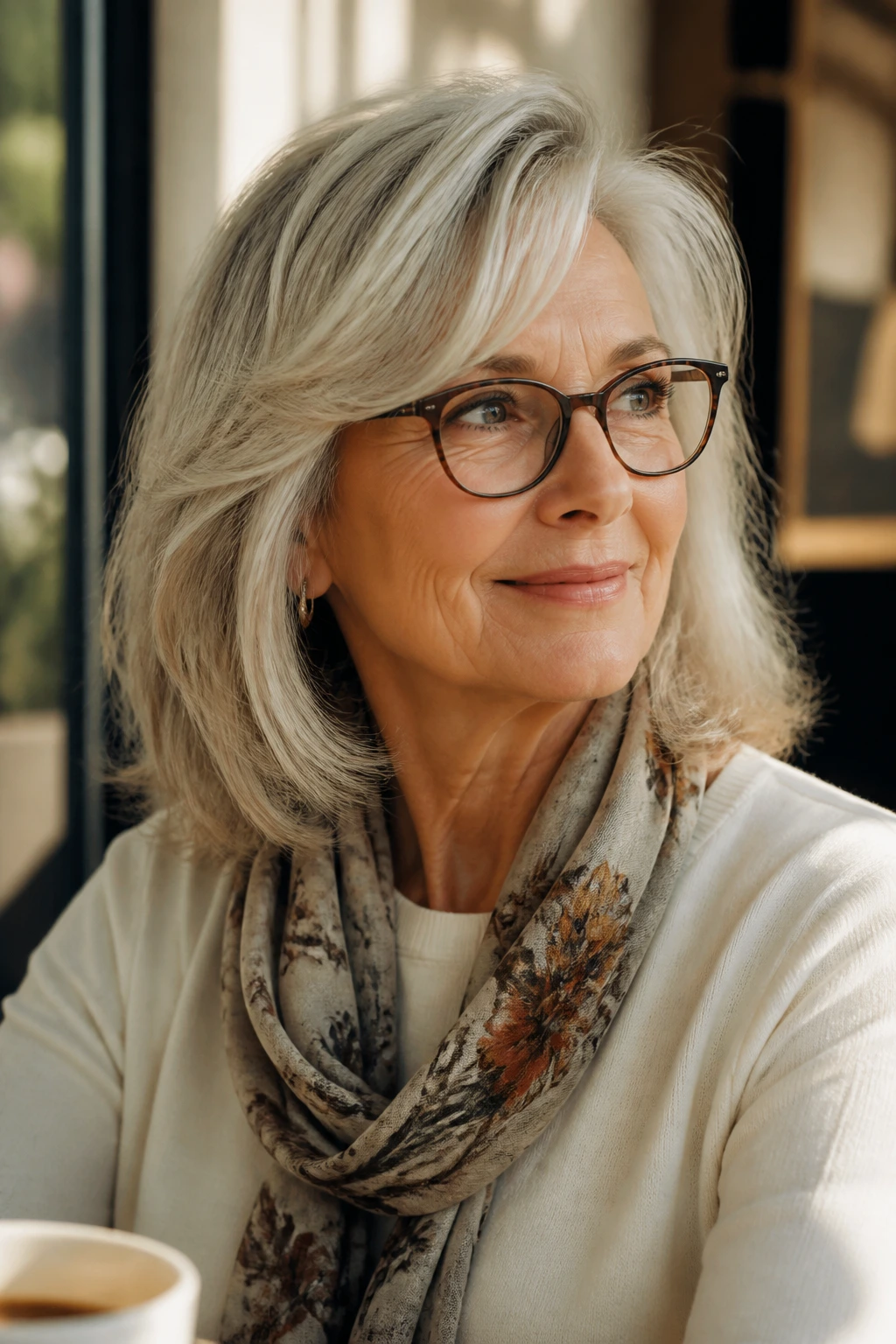 Portrait of woman with shoulder-length haircut and soft layers in natural light