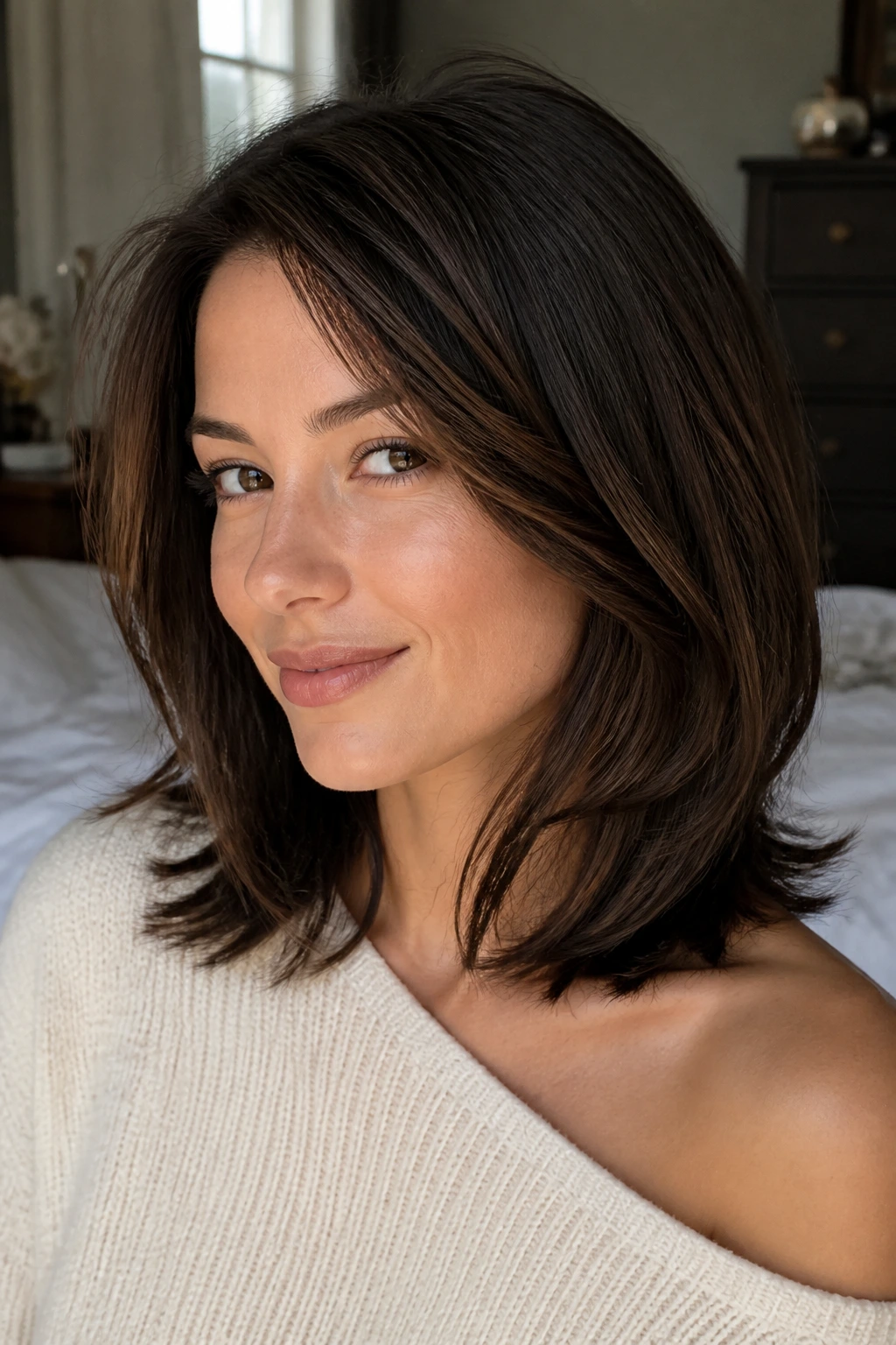 Real woman with shoulder-length hair with internal layers close-up