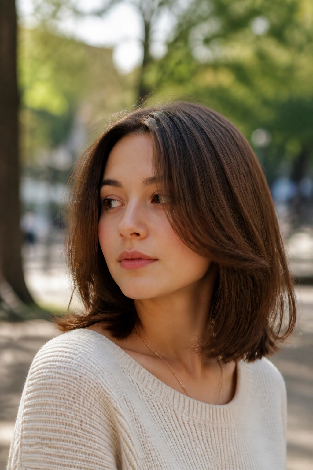 Close-up of a real person with a shoulder-length cut featuring internal layers and clean outer edge