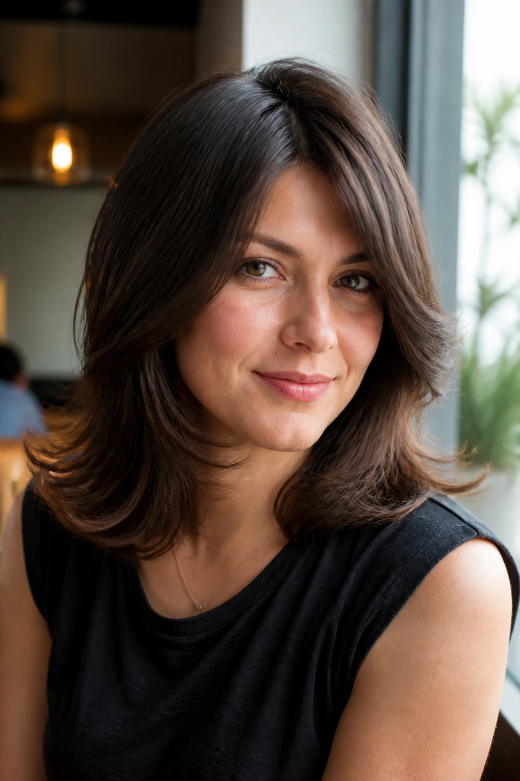 Close-up of a real woman with shoulder-length kickout layers in daylight by a cafe window