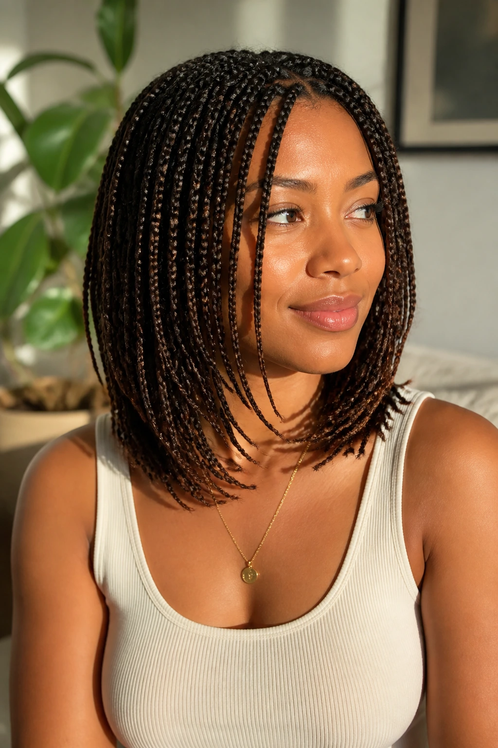 Medium close-up of shoulder-length layered braids on a real woman