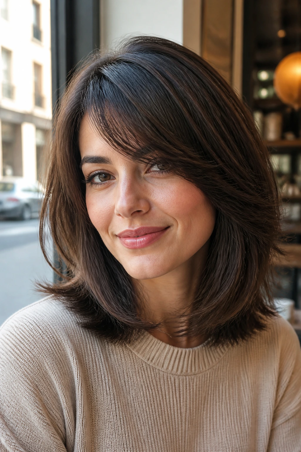 Close-up of thick shoulder-length layered hair with side-swept bangs on a real person, soft window light