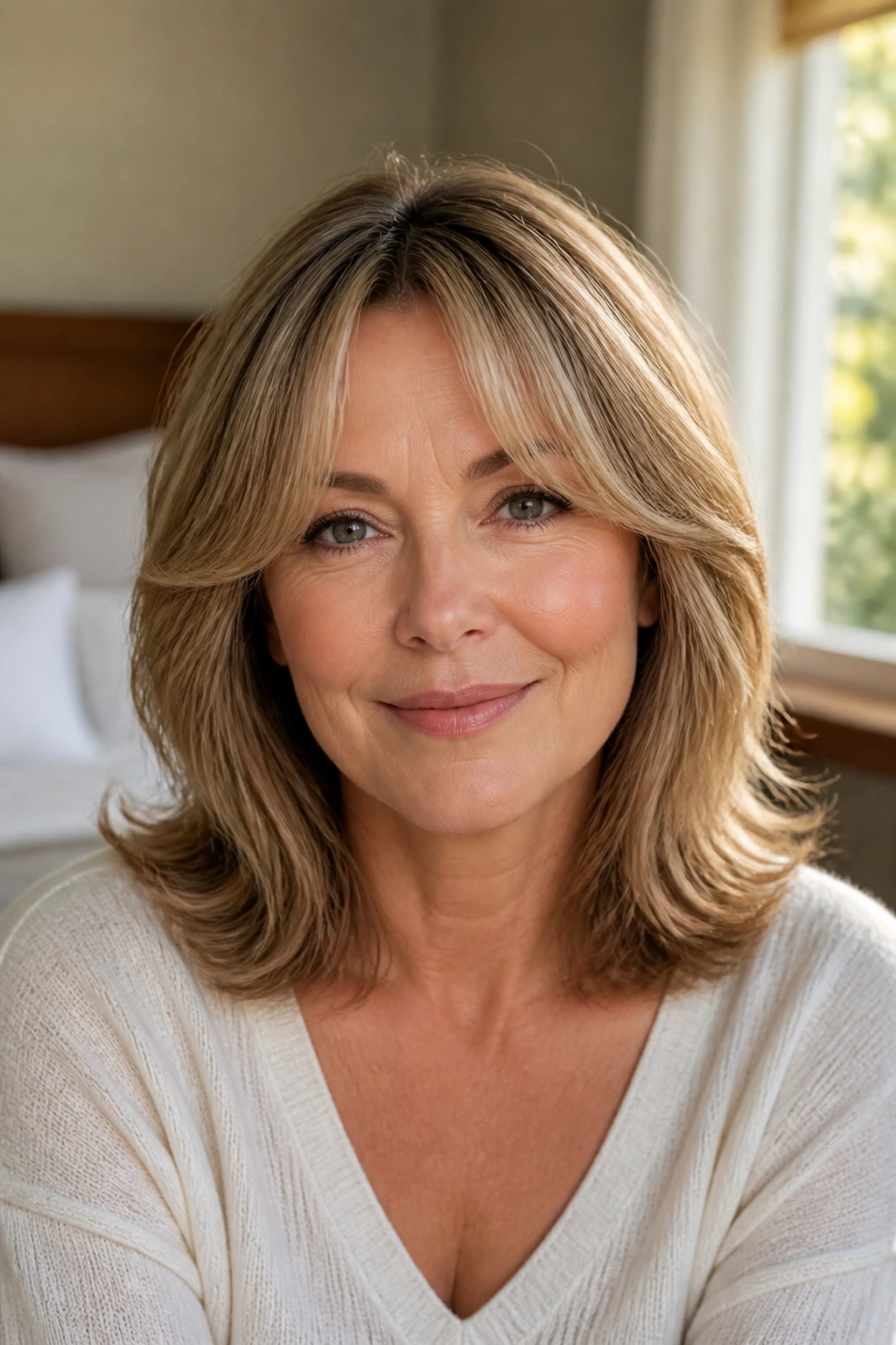 Real woman with shoulder-length layers and curtain bangs in warm light