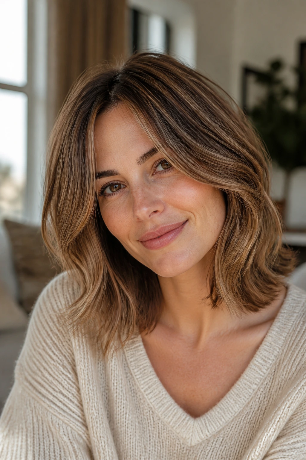 Close-up of a real woman with shoulder-length layered hair showing lift and movement for fine hair