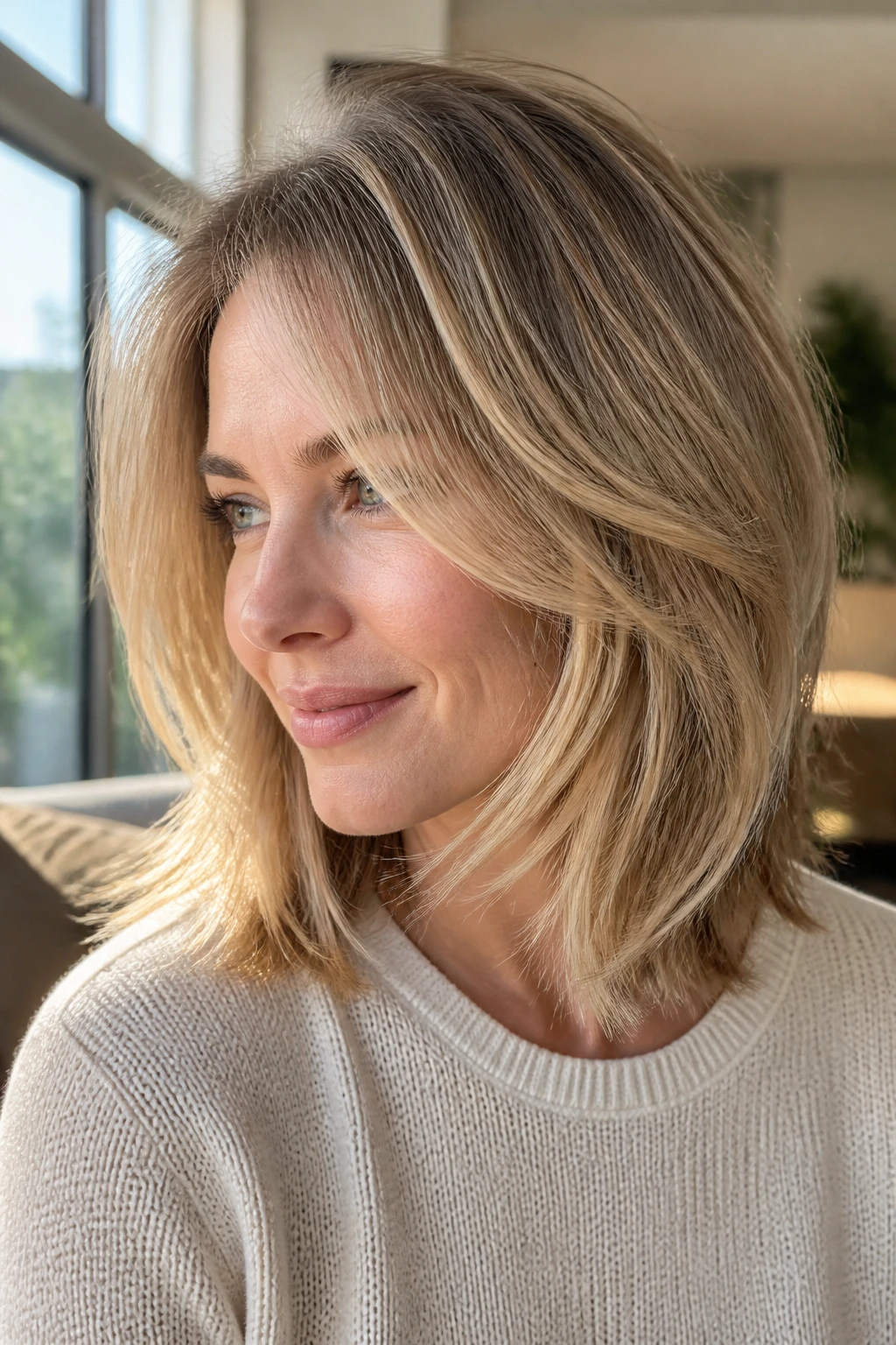 Close-up of real woman with shoulder-length layered hair showing strategic layer placement