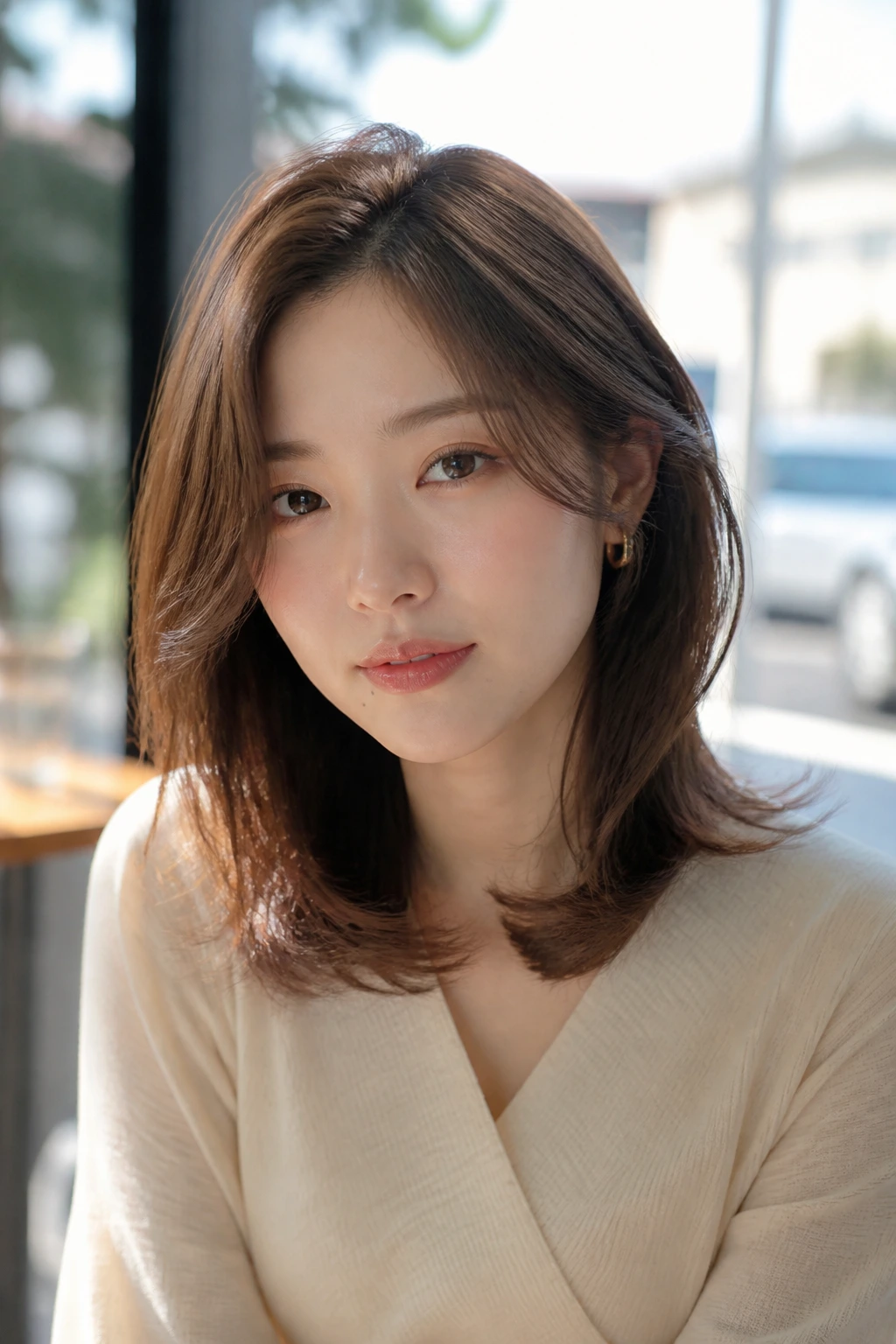 Real woman with airy shoulder-length layers and side-parted crown in natural light.