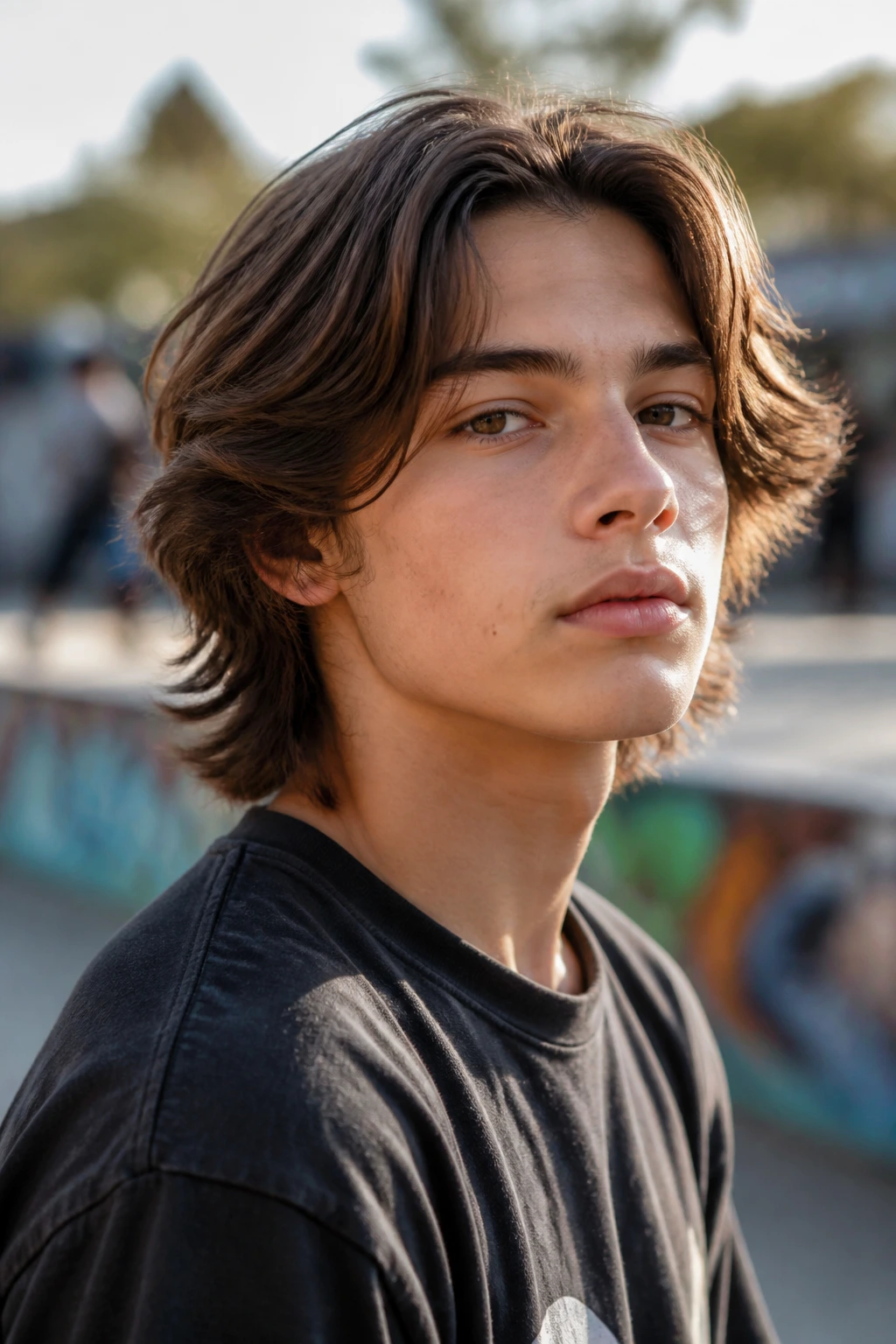 Teen boy with shoulder-length layered hair in an outdoor setting