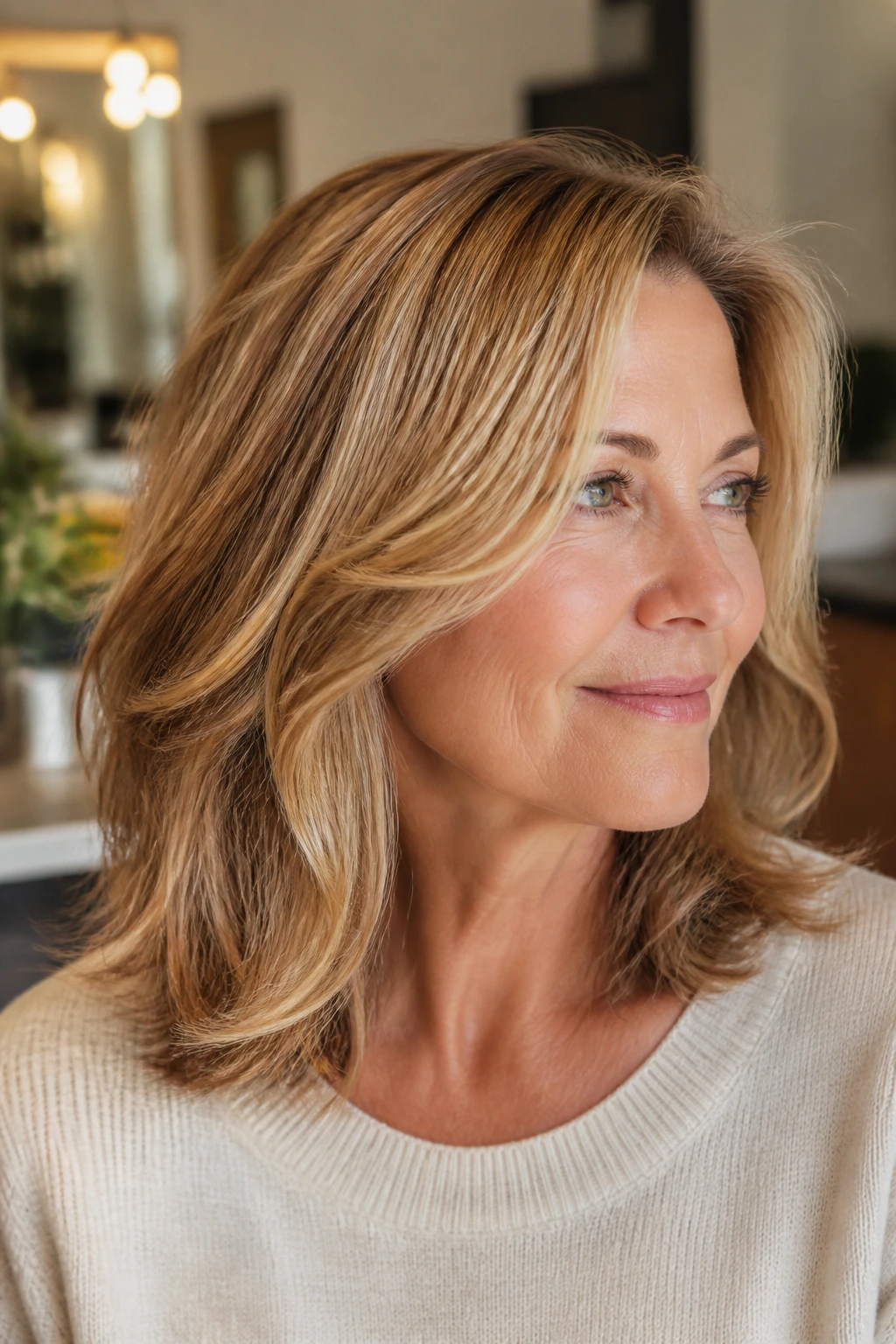 Close-up of shoulder-length honey blonde layered hairstyle on real woman
