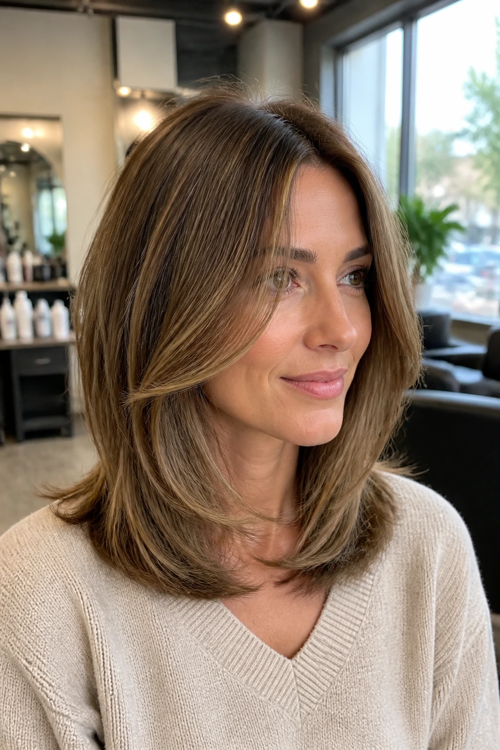 Portrait of a woman with layered shoulder-length hair showing lift at the crown and defined ends