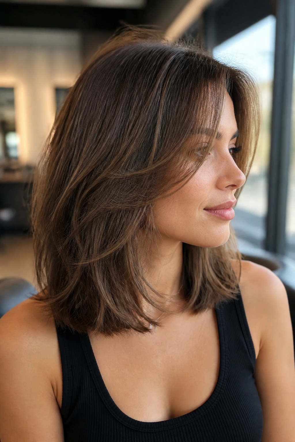 Real woman with shoulder-length layered hair showing movement and multi-directional silhouette