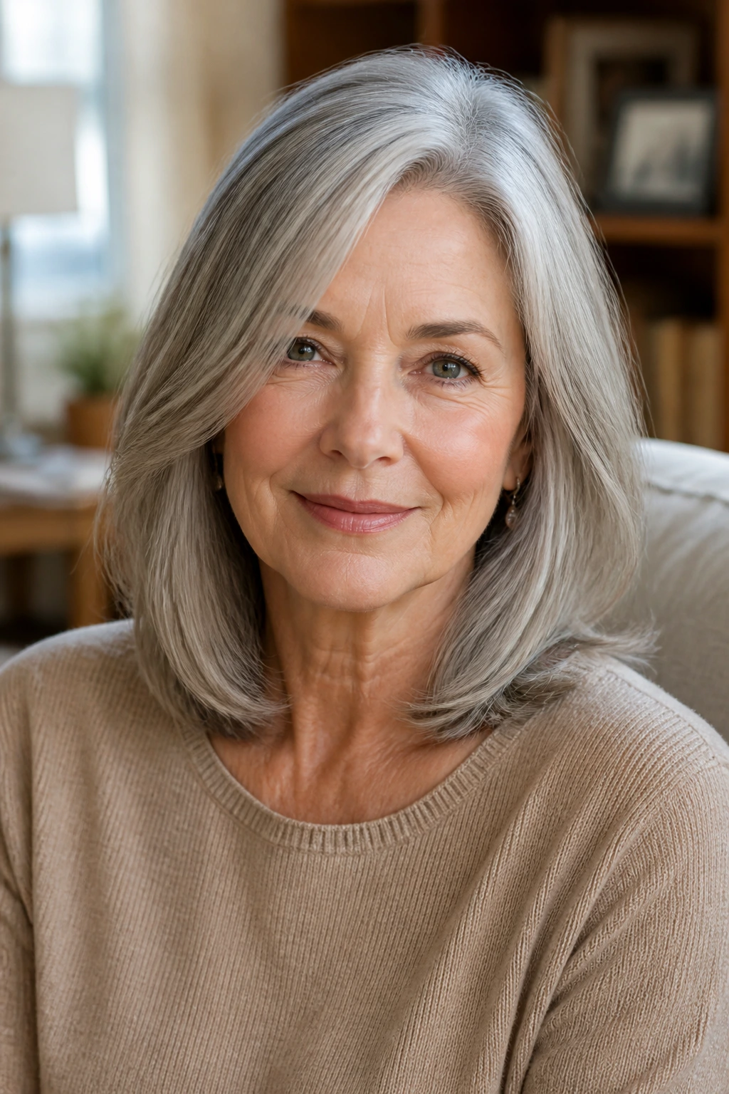 Real woman with shoulder-length layered hair and side part close-up