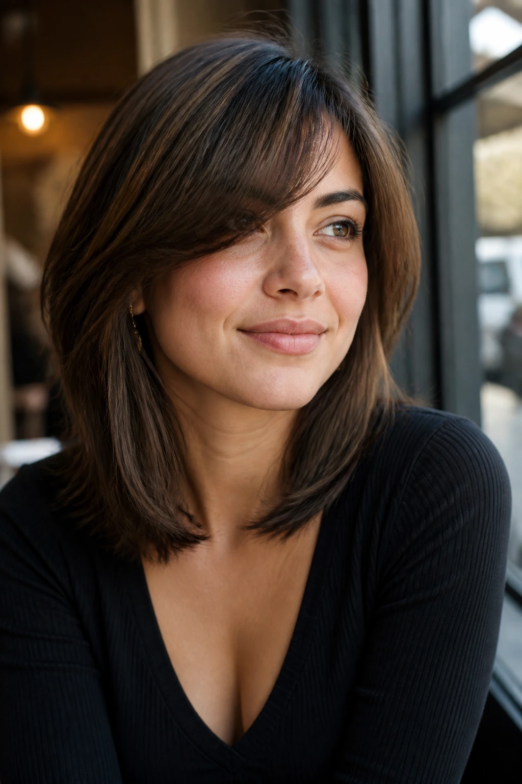 Close-up of a real person with shoulder-length layers and side-swept bangs