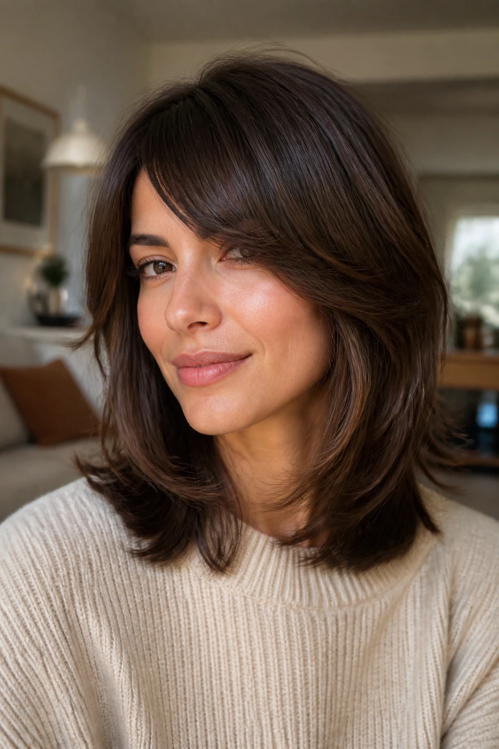 Real woman with shoulder-length layers and side-swept bangs