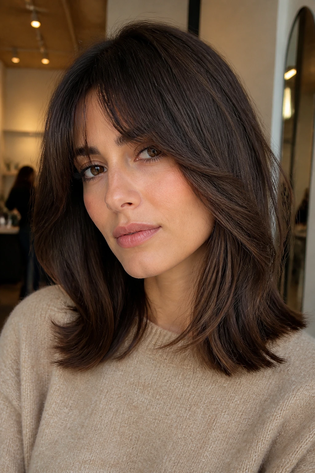Close-up of a real woman with a layered lob and curtain bangs in a warm indoor setting